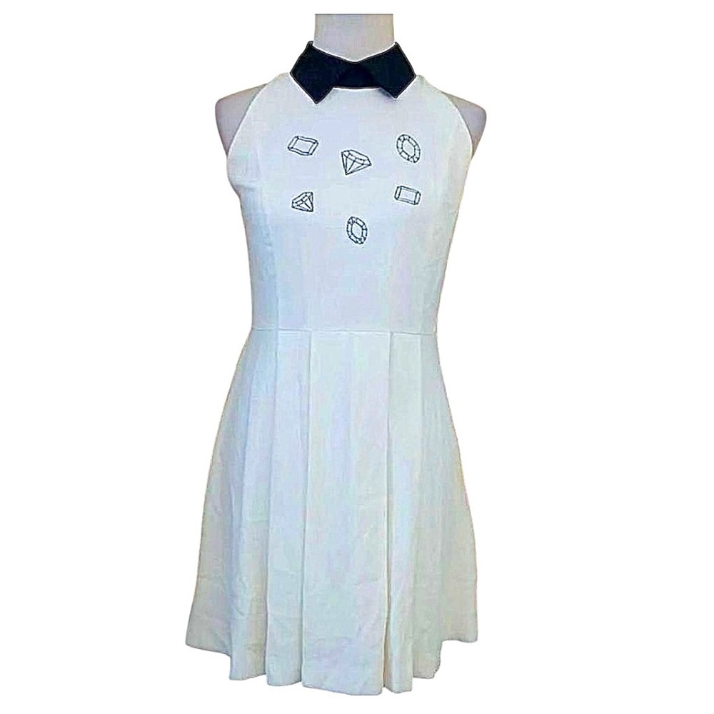 Baby Polly Ivory Black Collar Embroidered Gems Rockabilly ModCloth Dress M-L